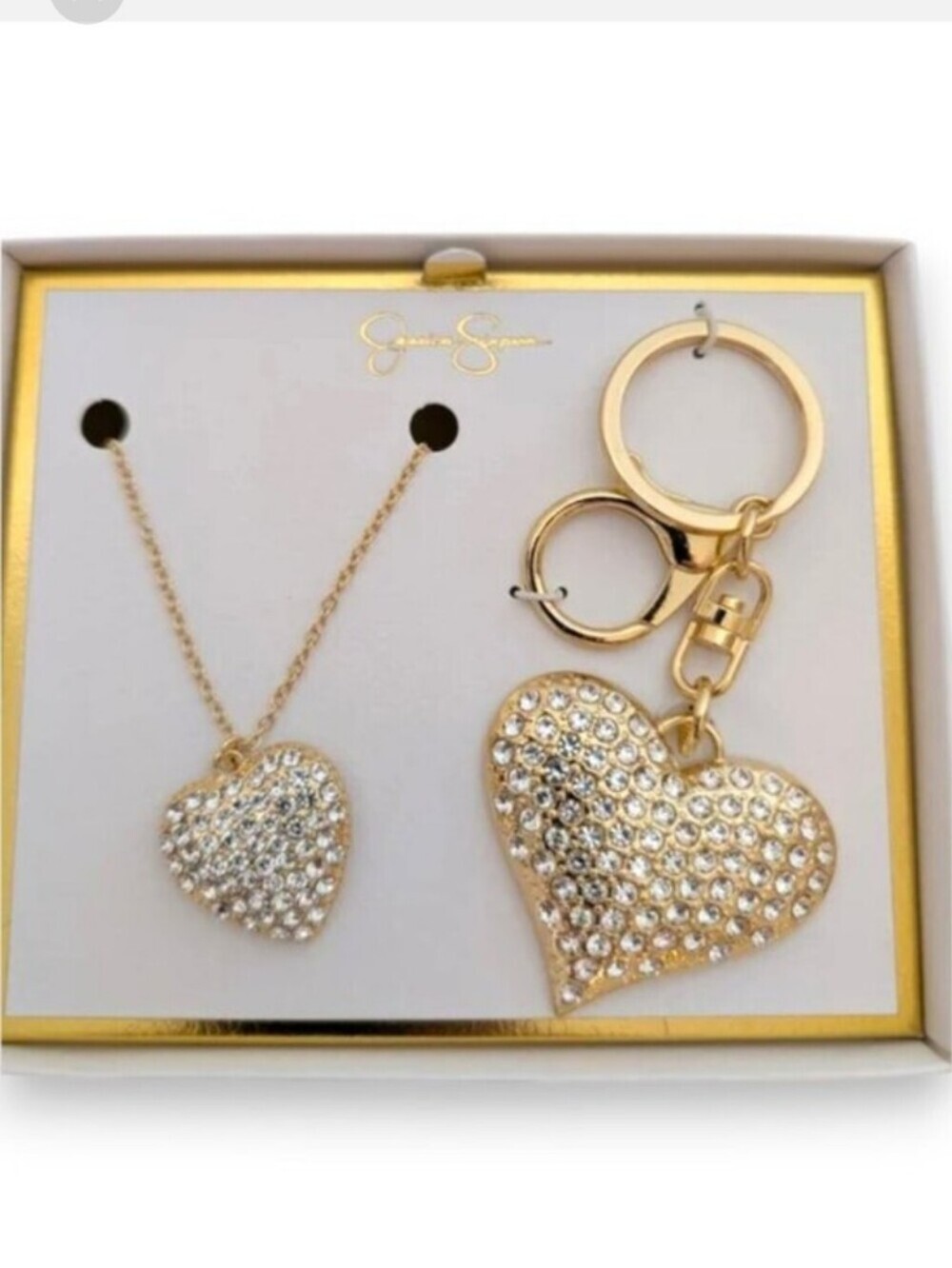 Jessica Simpson Rhinestone Heart Pendant Necklace And Purse Charm Keychain Set